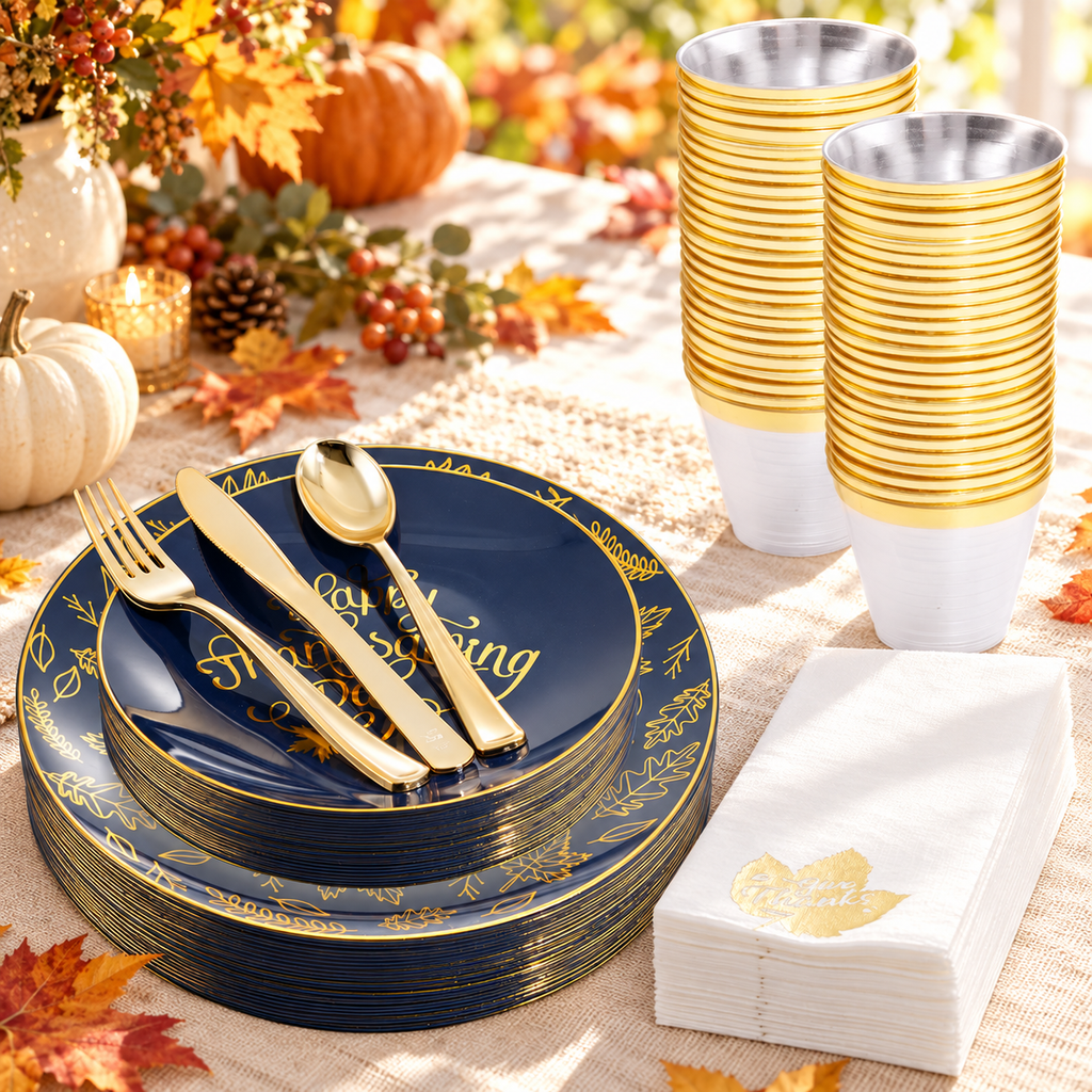 Navy and gold Thanksgiving tableware arranged on linen with autumn decorations.