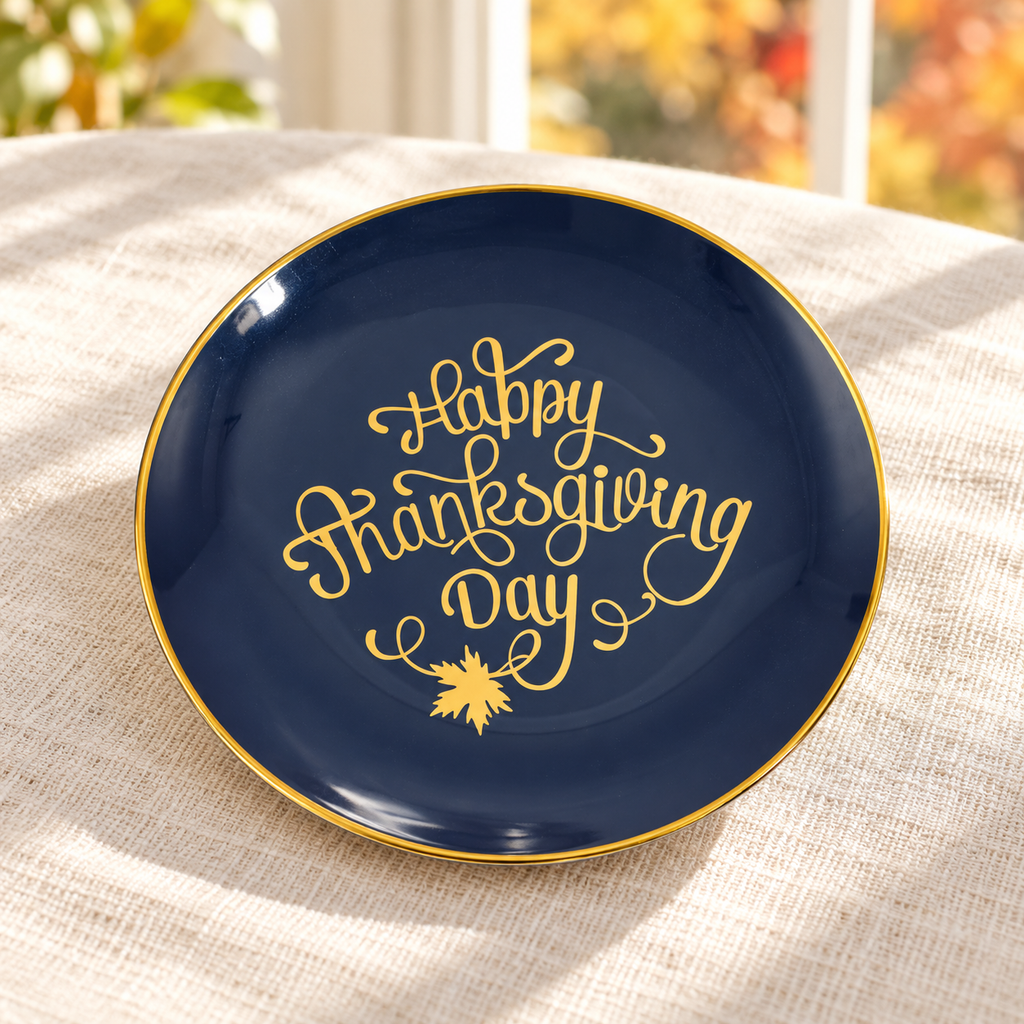 Navy plate with gold Happy Thanksgiving Day script, decorative swashes and a leaf beneath.