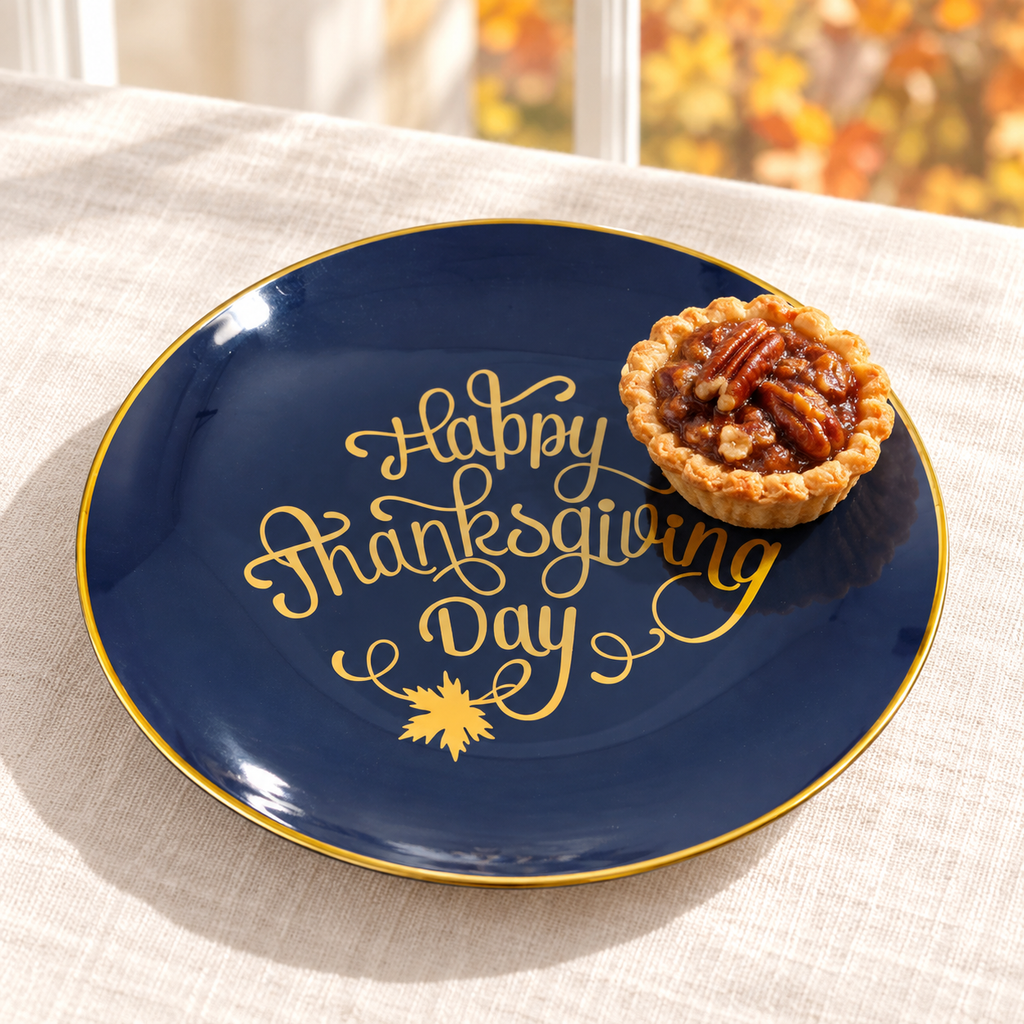 Navy Happy Thanksgiving Day plate with a small pecan tart on linen.