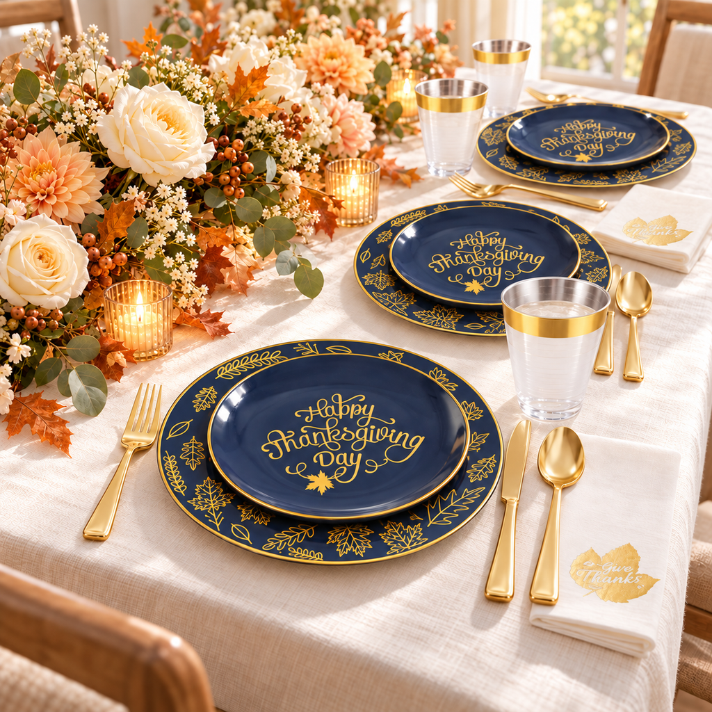 A navy and gold Thanksgiving dining table with repeated nested plate settings, gold-rimmed cups, folded white napkins, gold-tone cutlery and cream autumn flowers.