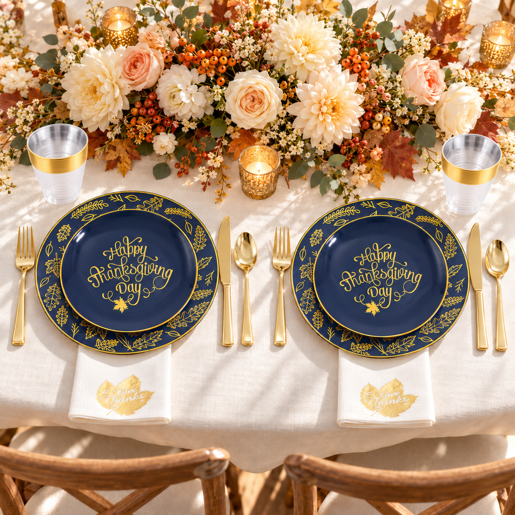 Nearly overhead view of two navy and gold Thanksgiving place settings on ivory linen beside cream flowers and autumn foliage.
