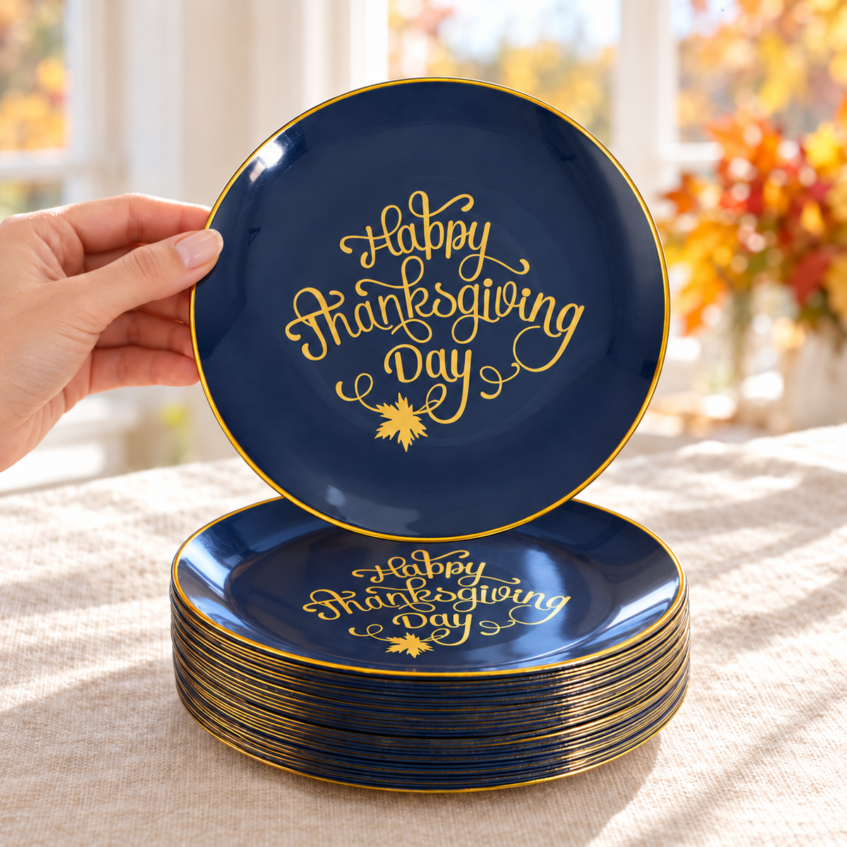 Hand holding a navy Happy Thanksgiving Day plate above a matching small-plate stack.