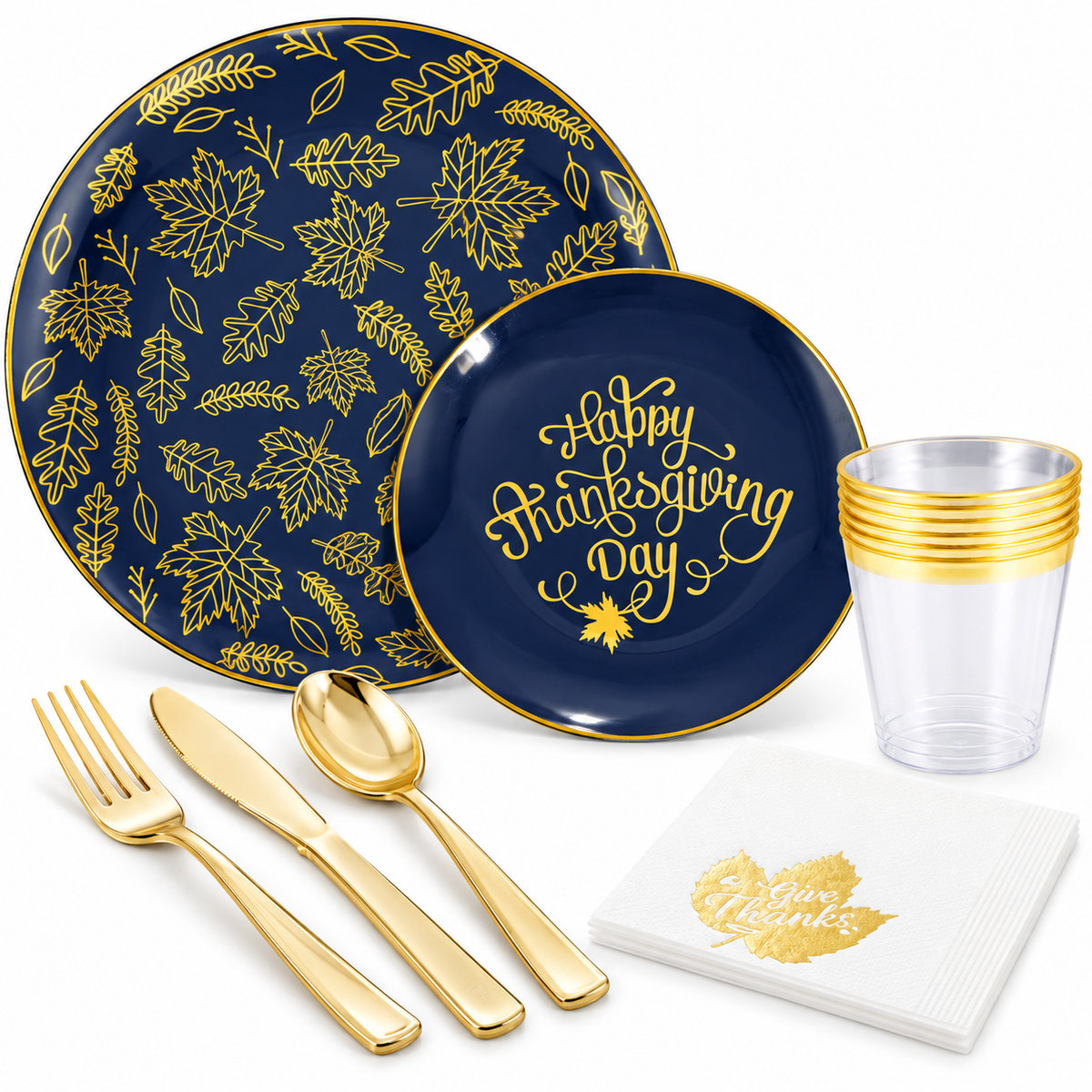 Representative navy and gold Thanksgiving tableware on white: botanical and Happy Thanksgiving Day plates, gold-rimmed cups, printed napkins and gold-tone cutlery. Not all 175 pieces are shown.