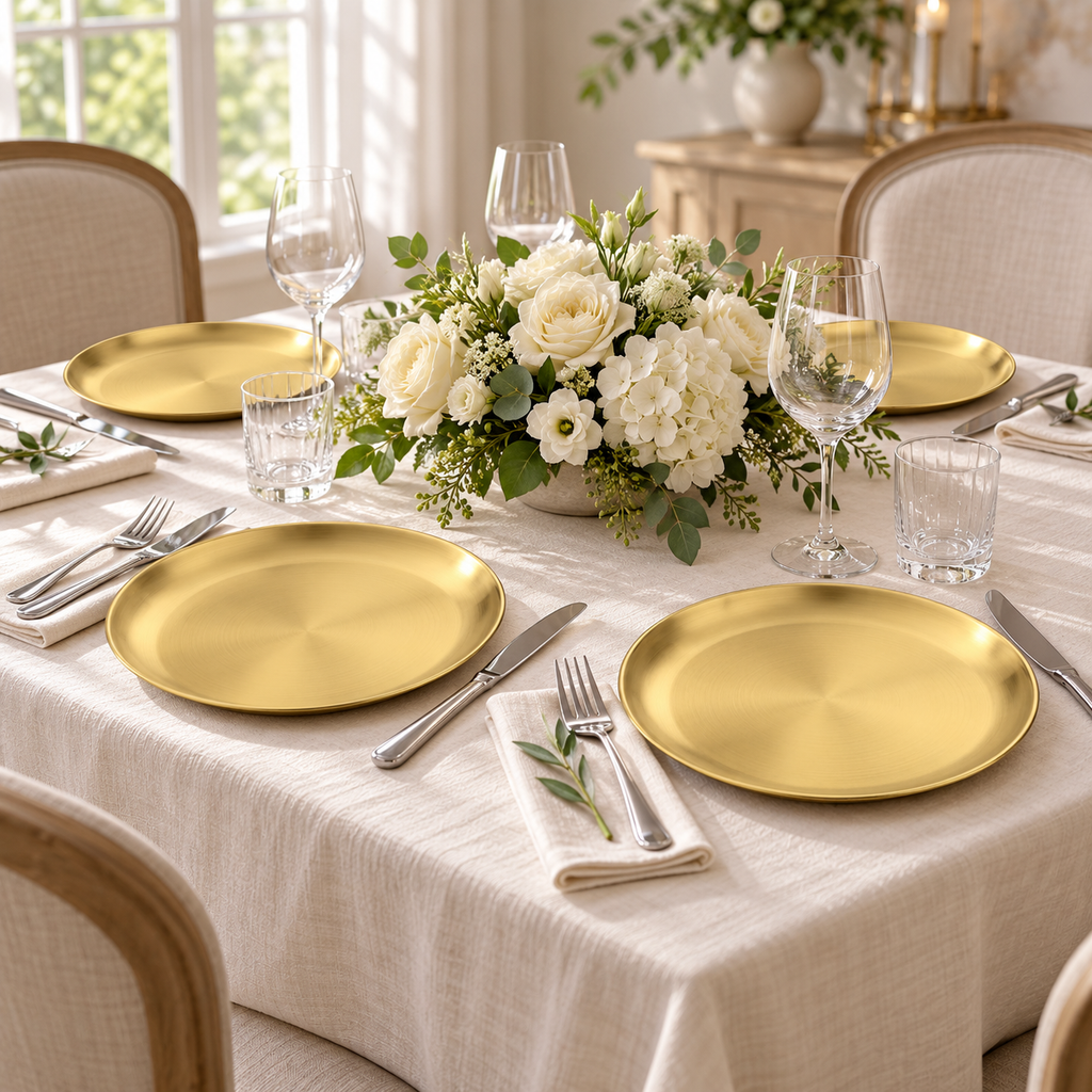 Four gold-tone stainless steel plates set around cream flowers on an ivory-covered dinner table. Styling props not included.