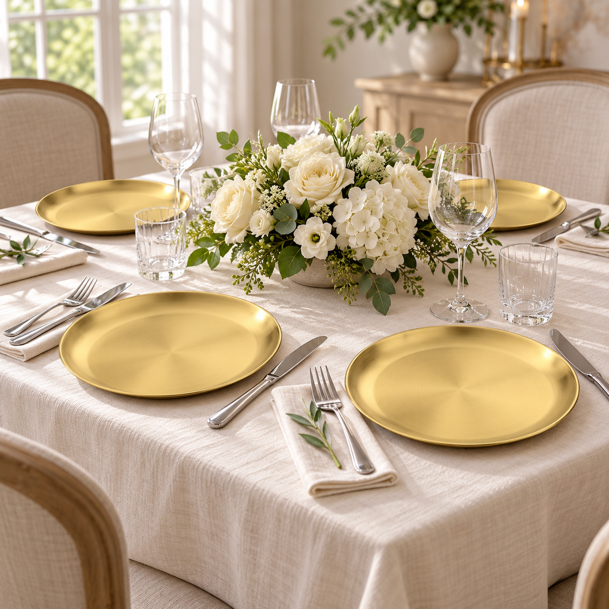 Four gold-tone stainless steel plates set around cream flowers on an ivory-covered dinner table. Styling props not included.