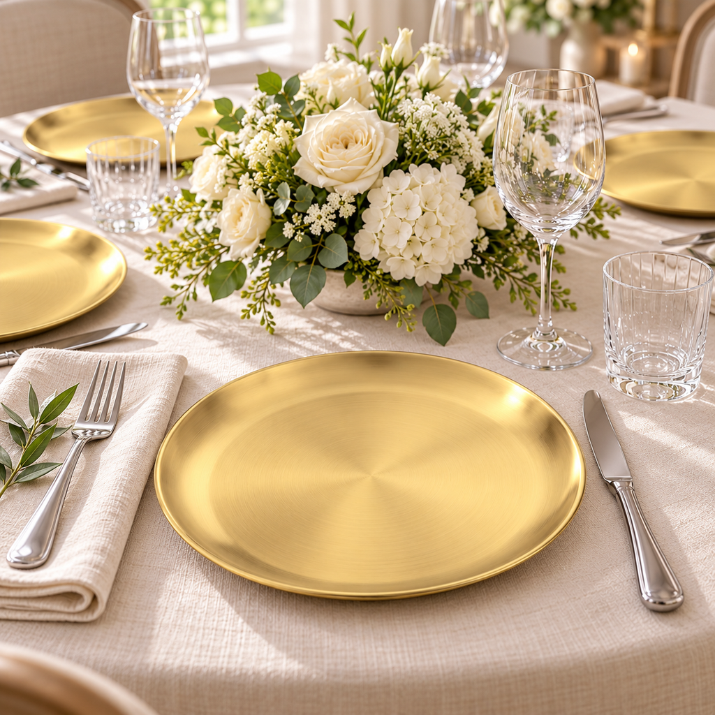 A gold-tone stainless steel plate in a guest place setting, with cream flowers and other settings behind. Styling props not included.
