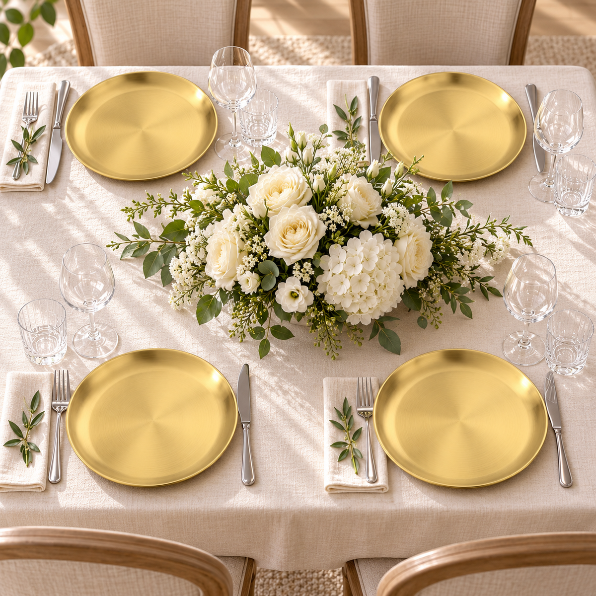 High-angle view of four gold-tone stainless steel plates in a coordinated four-place table setting. Styling props not included.