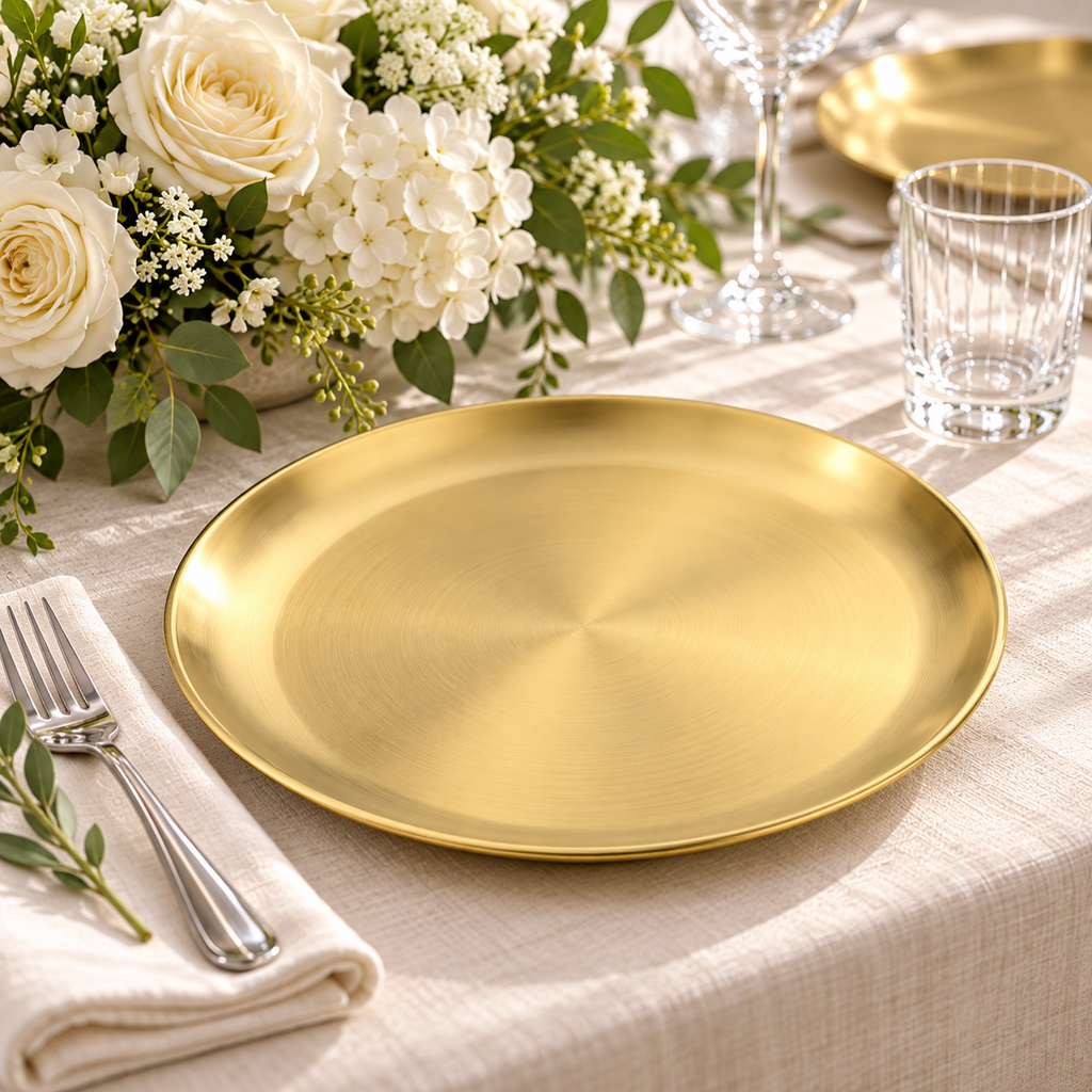 Close view of the plain shallow face and smooth rim of a gold-tone stainless steel plate on a styled table. Styling props not included.