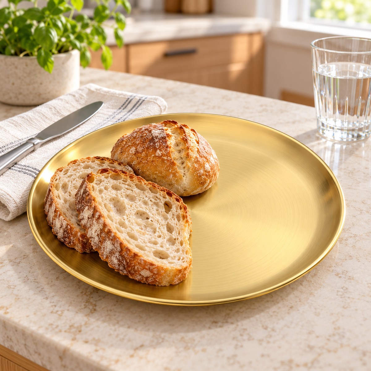 A gold-tone stainless steel plate holding bread on a bright kitchen counter. Food and styling props not included.