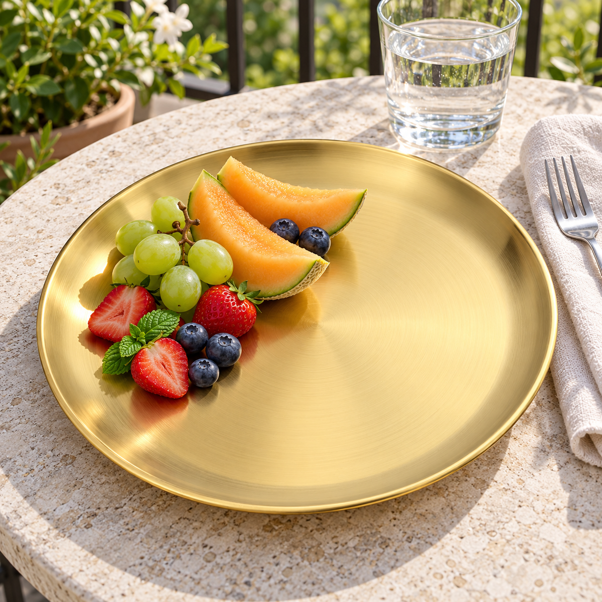 A gold-tone stainless steel plate holding fruit on a casual balcony table. Food and styling props not included.