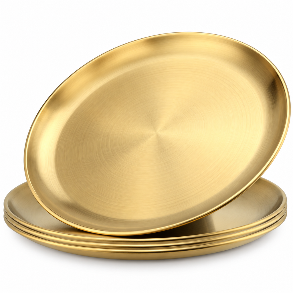 Four gold-tone stainless steel plates on white, with one tilted above three nested plates, showing the shallow brushed well and plain narrow rim.