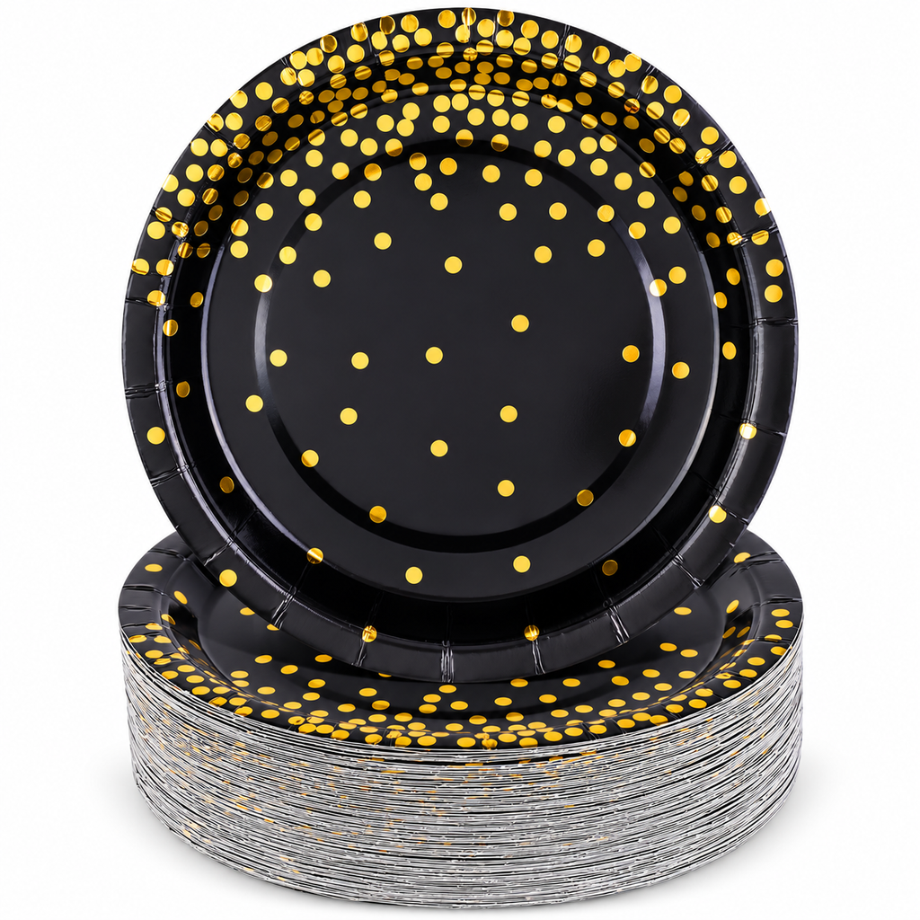 Black paper plates with the original gold dot pattern on white, with one plate face visible above a representative stack. Not all 100 pieces are shown.