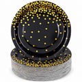 Black paper plates with the original gold dot pattern on white, with one plate face visible above a representative stack. Not all 100 pieces are shown.