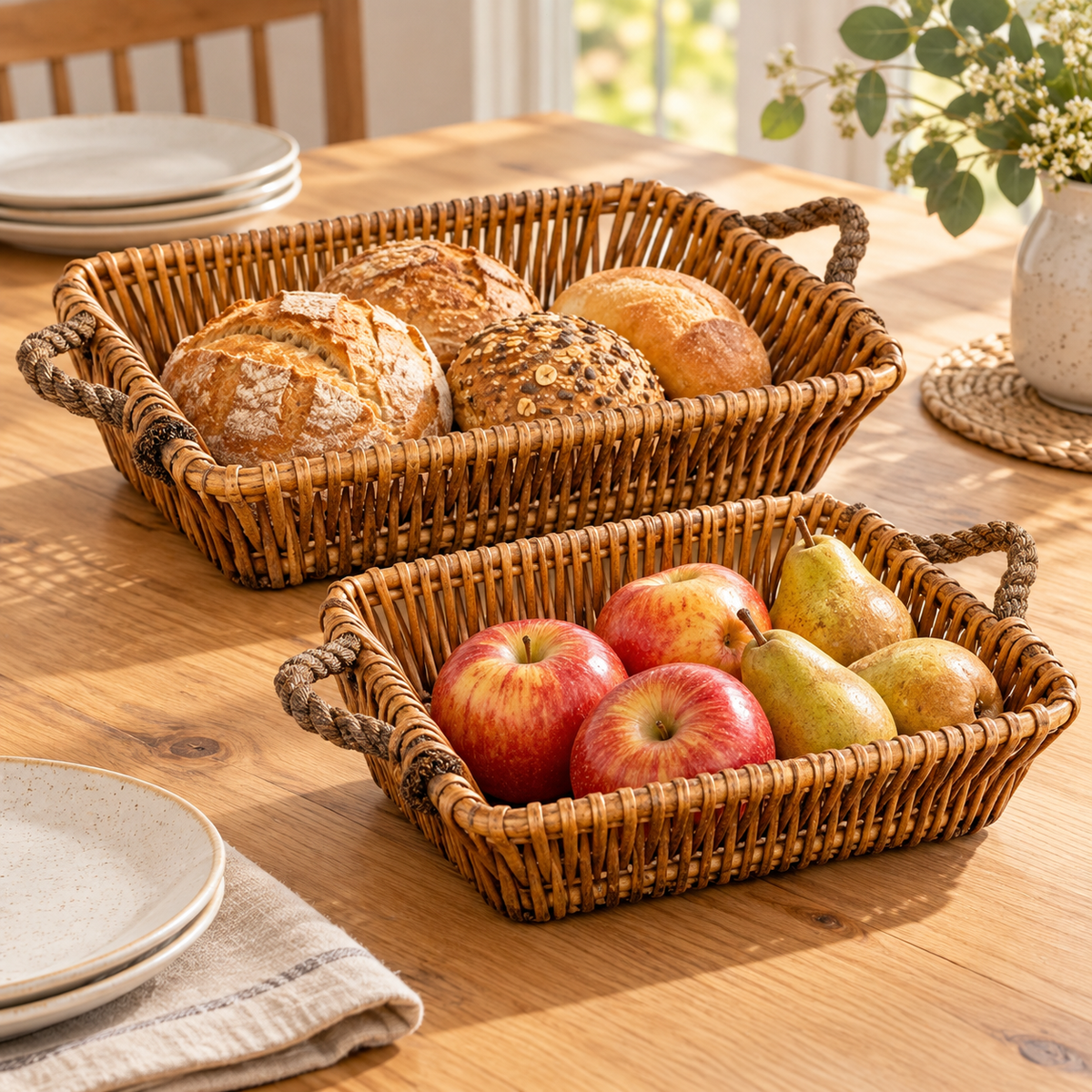 Willow baskets holding bread and fruit on a breakfast table.
