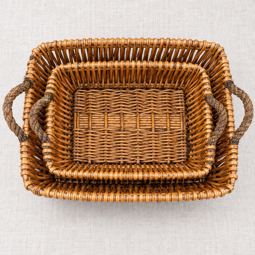 Two willow baskets nested, viewed overhead.