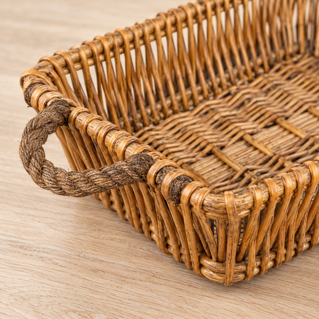 Braided rope handle and willow weave detail.