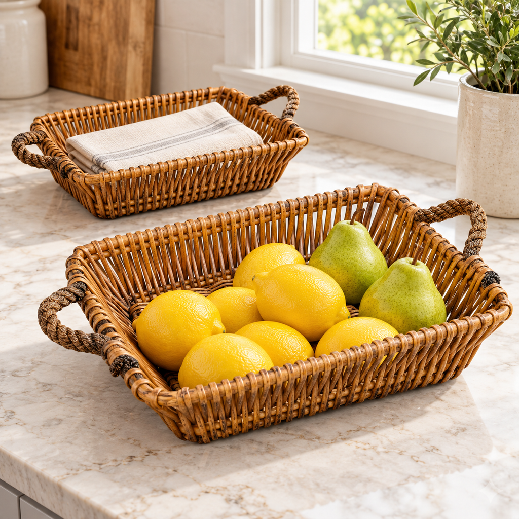Willow baskets organizing fruit and napkins.