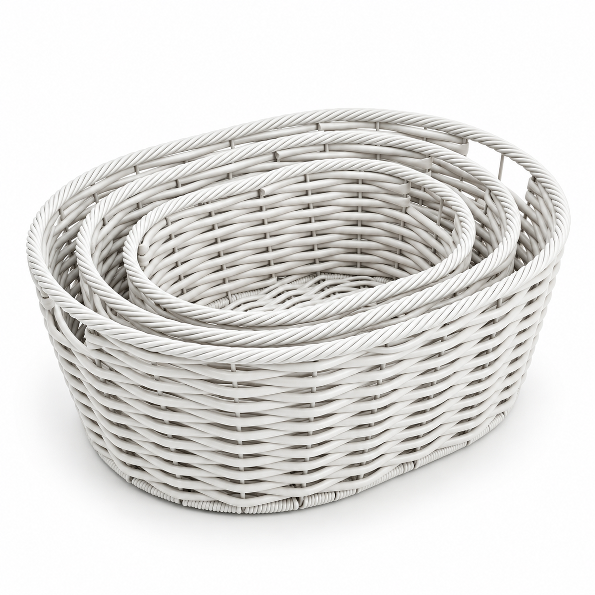 Three white oval woven baskets nested on a white background.