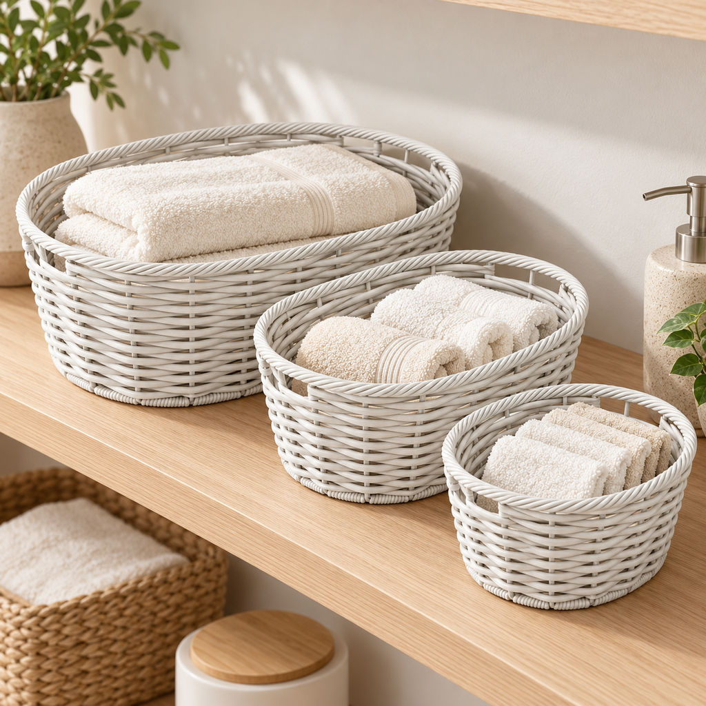 Three white baskets organizing folded towels.