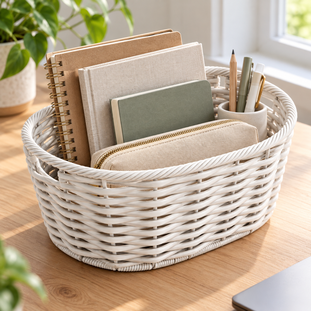 White woven basket holding notebooks on a desk.