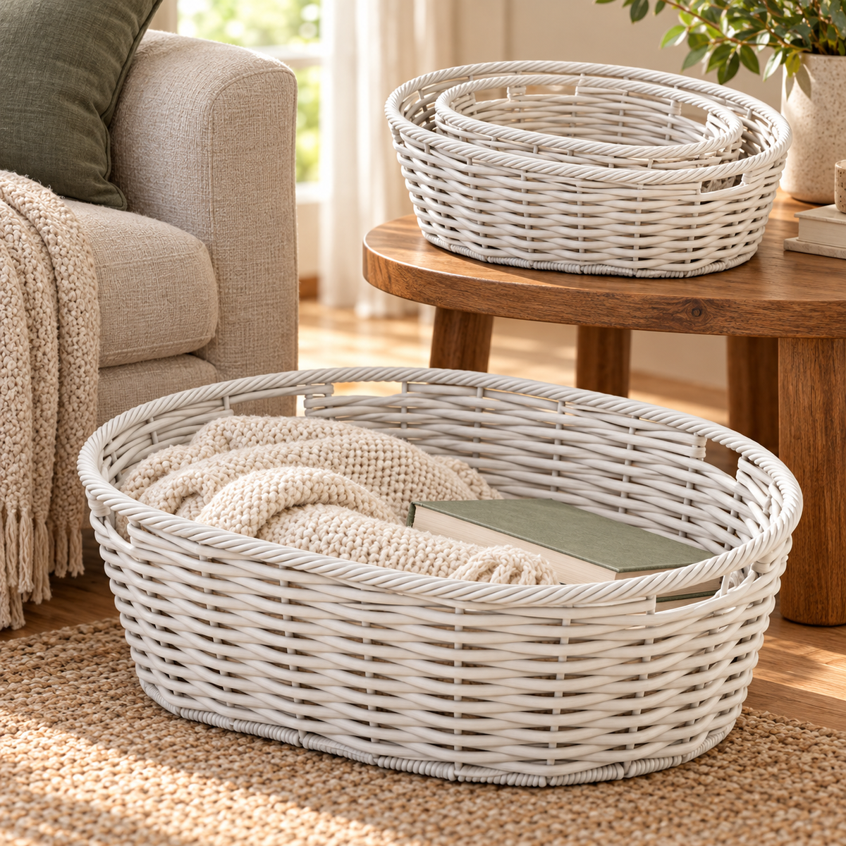 White baskets storing a blanket and nesting beside an armchair.
