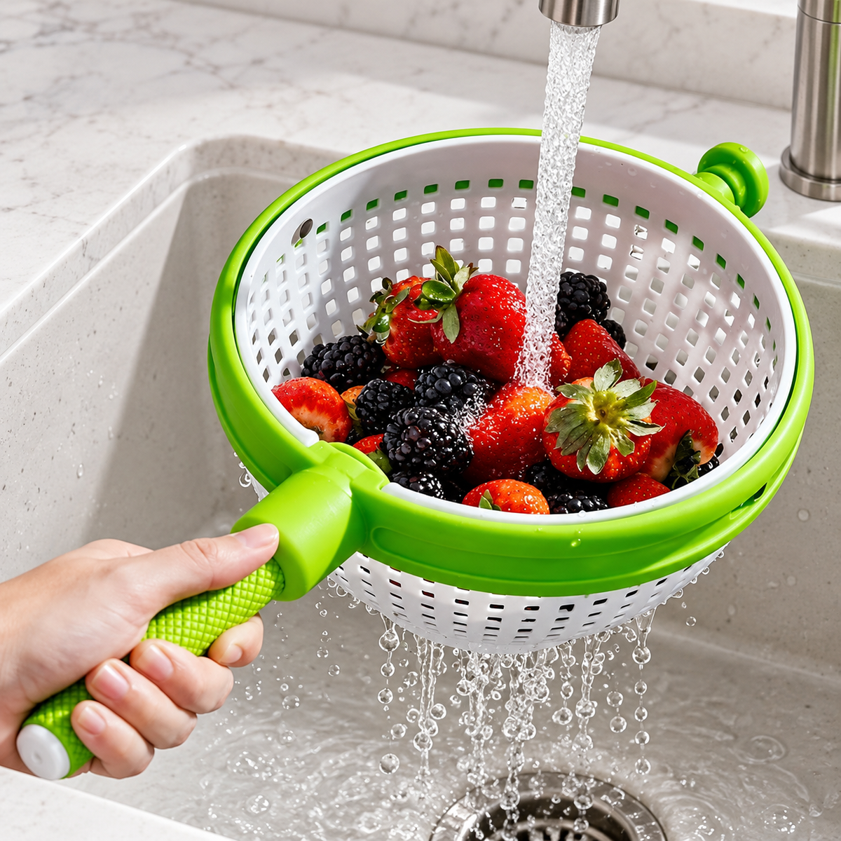 Berries rinsing in the green-handled colander.