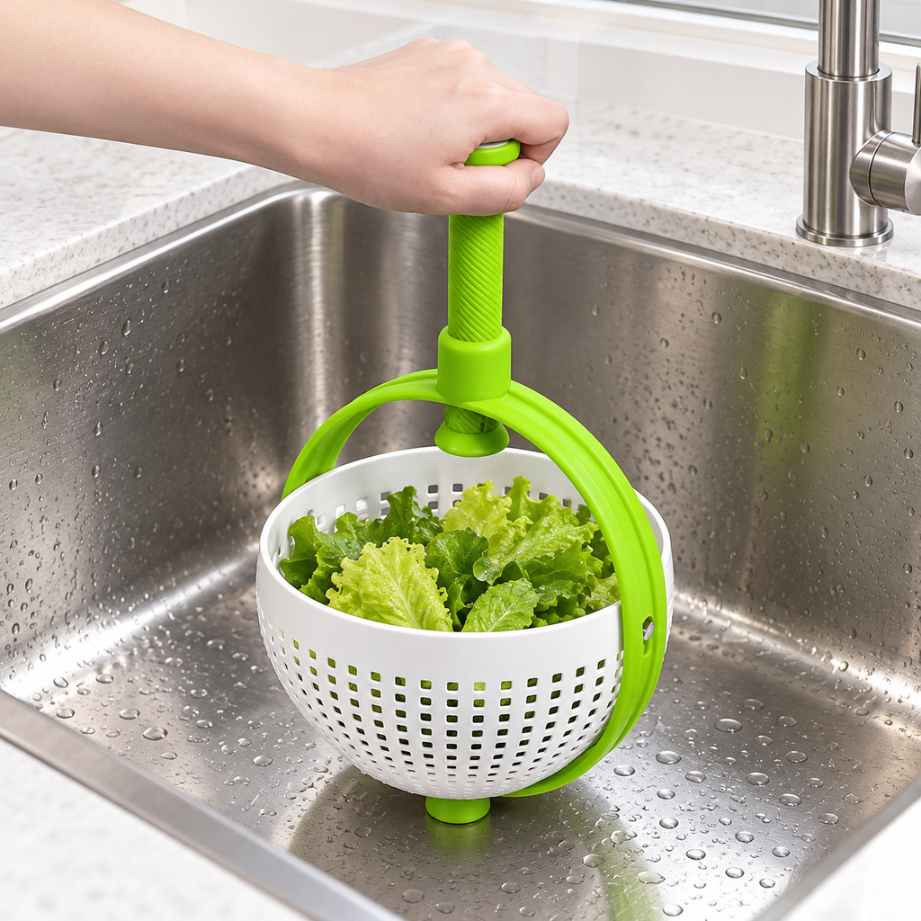 Salad spinner held upright over a sink with lettuce.