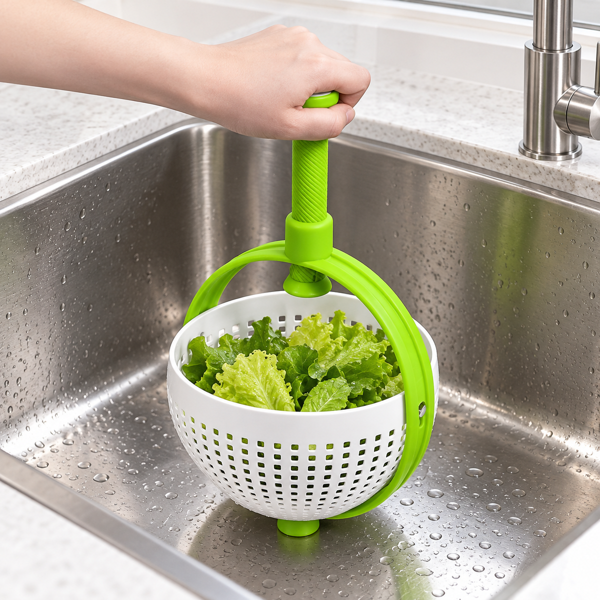 Salad spinner held upright over a sink with lettuce.