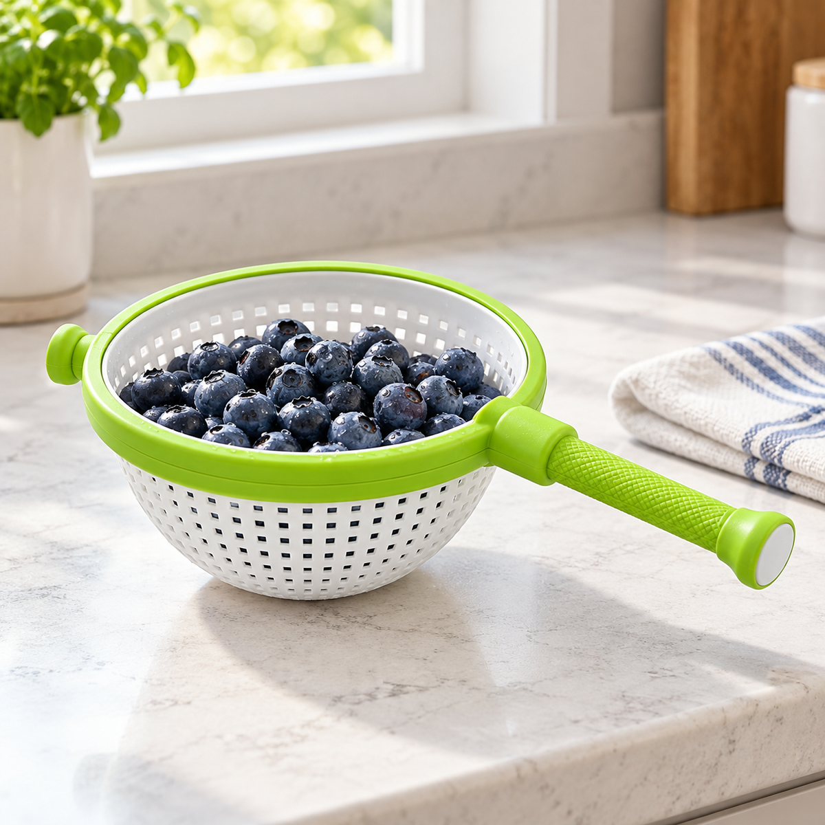 Colander holding blueberries on a kitchen counter.