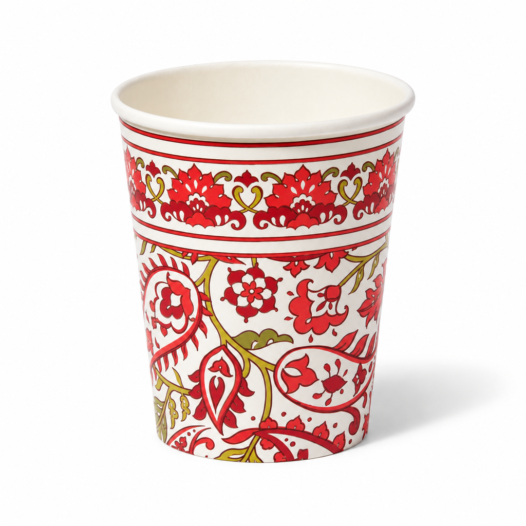 Representative Festive Paisley paper cup from the 10-piece pack on white.