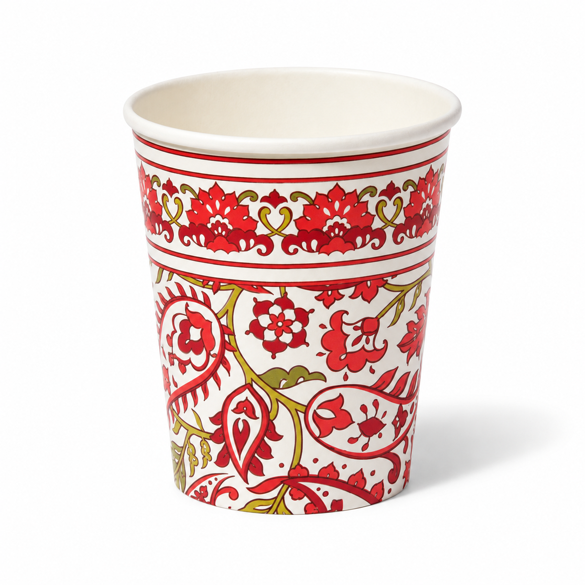 Representative Festive Paisley paper cup from the 10-piece pack on white.