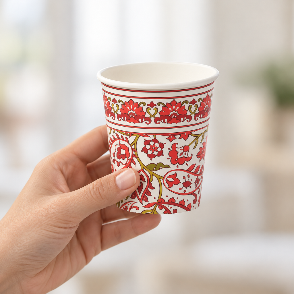 Adult hand holding a representative Festive Paisley paper cup for scale.