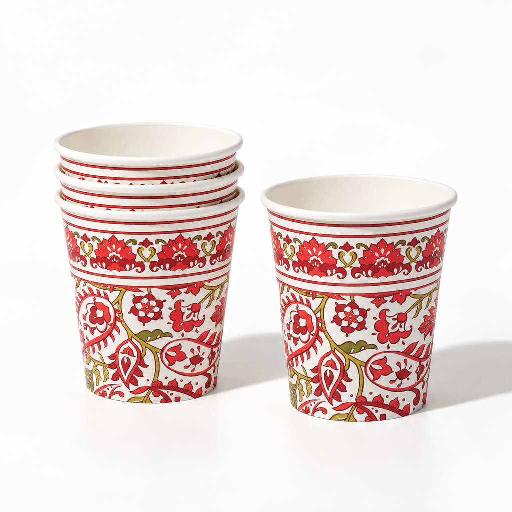 Representative nested and single Festive Paisley paper cups; the selling unit contains 10 cups.