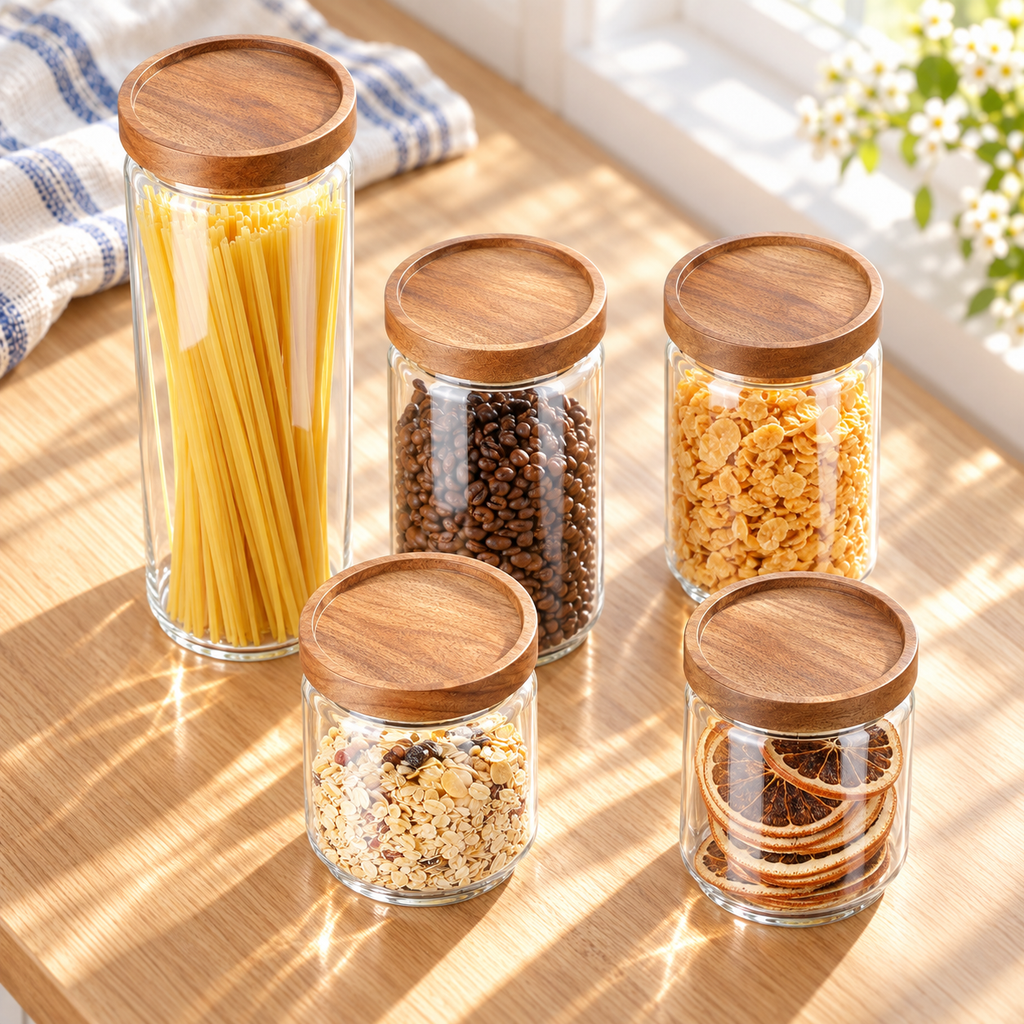 Glass canister from a five-piece set with acacia lids in a bright alternate product view