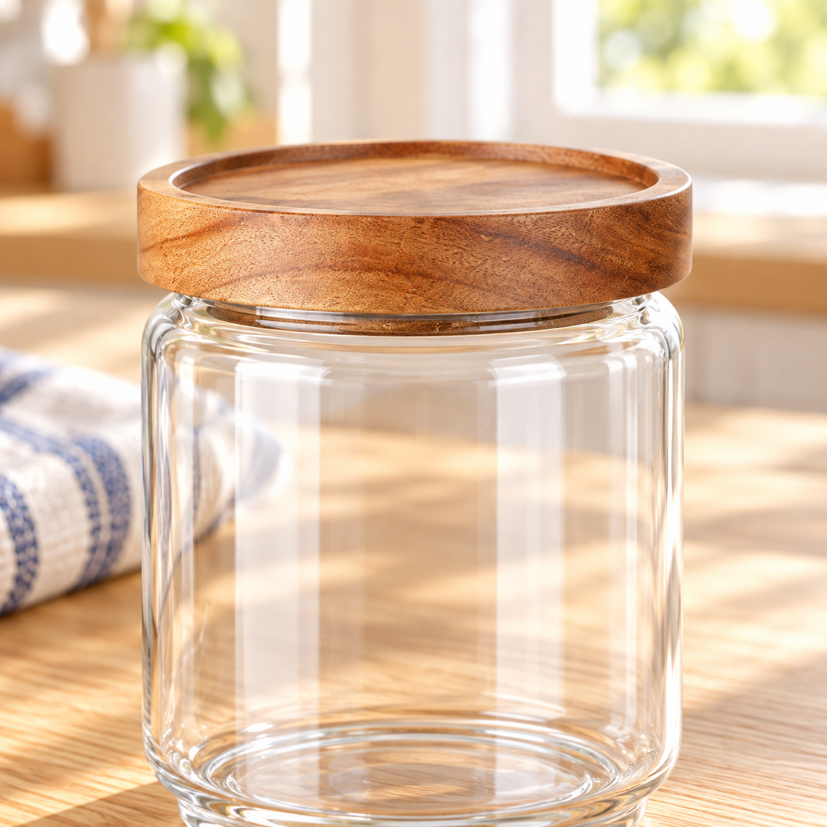 Close-up of glass canister from a five-piece set with acacia lids showing its surface and construction
