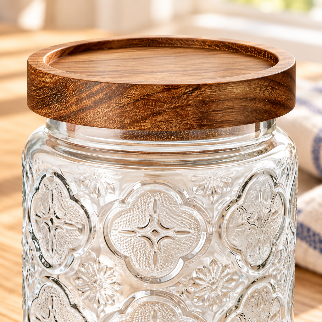 Five vintage-textured glass storage jars with wood lids showing product details in soft daylight