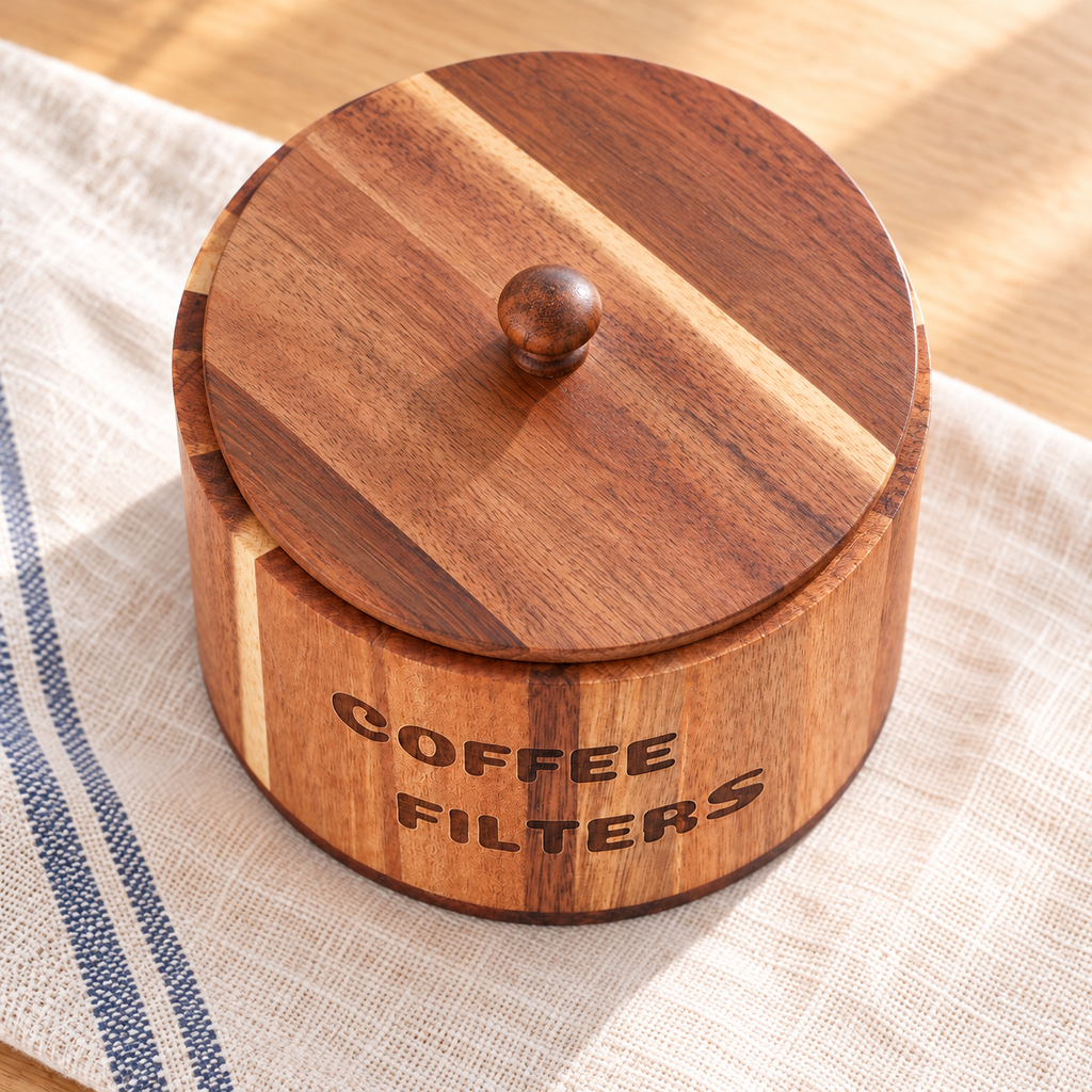 Acacia wood coffee filter caddy in a bright alternate product view