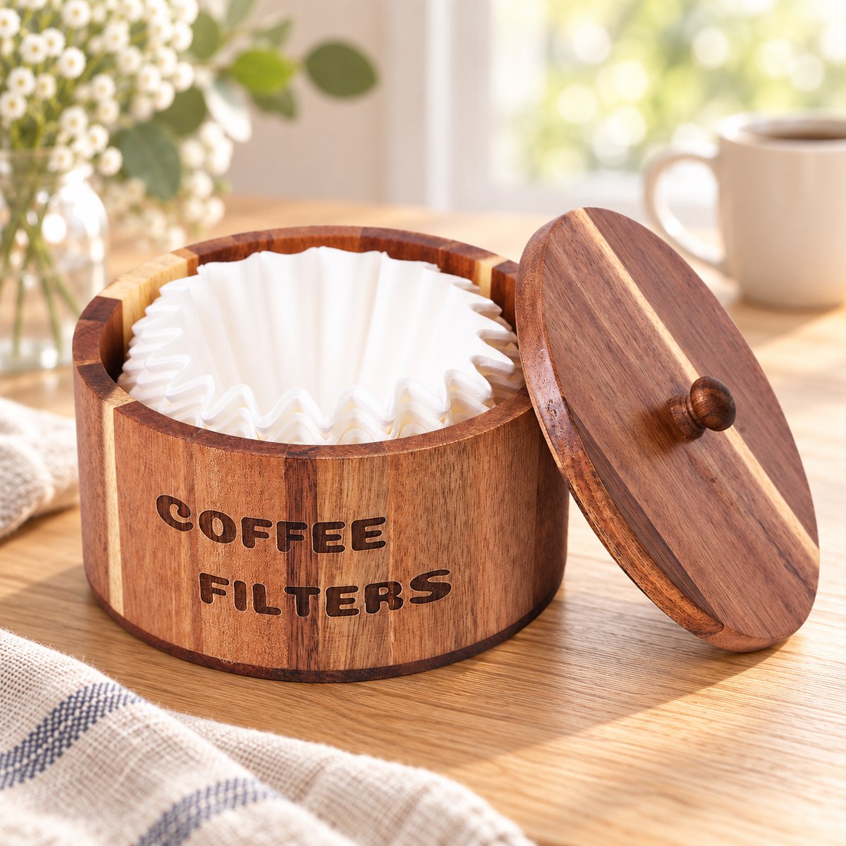 Round acacia wood coffee filter caddy with lid on a bright cream counter