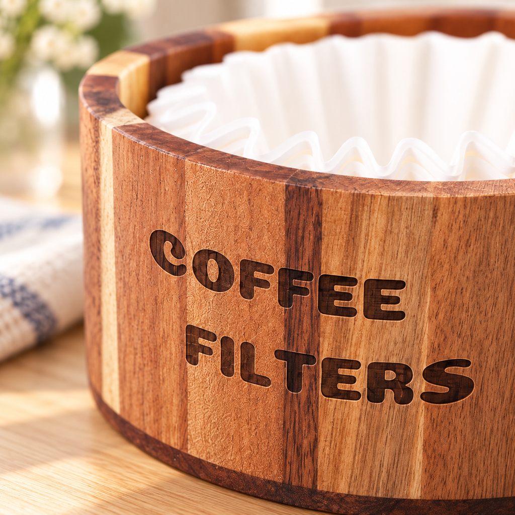 Close-up of acacia wood coffee filter caddy showing its surface and construction