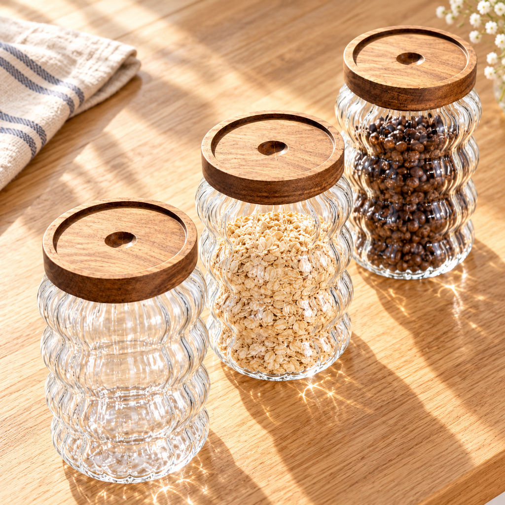 Three wavy glass storage jars with wood lids in a bright alternative view