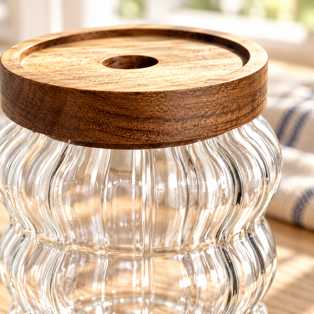 Three wavy glass storage jars with wood lids showing product details in soft daylight