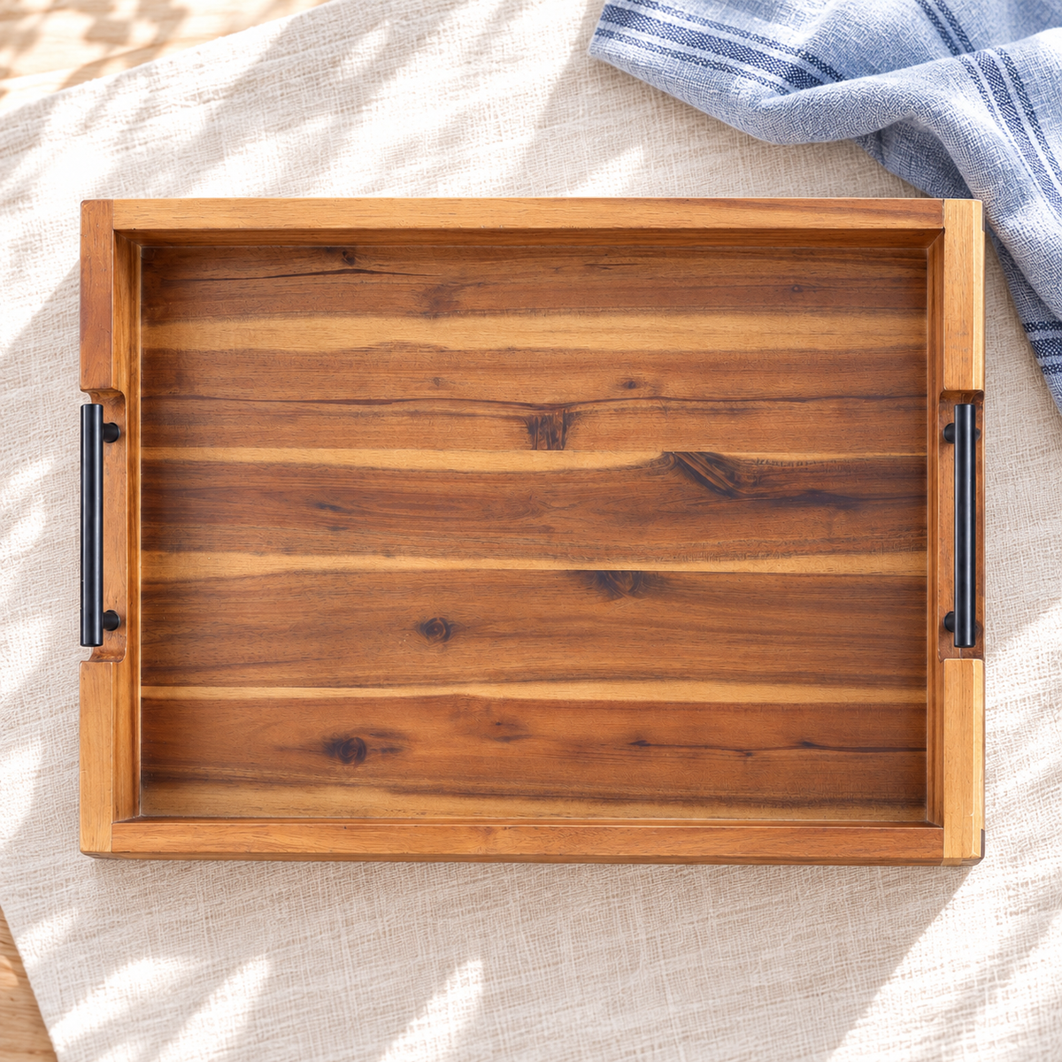 Acacia wood serving tray with metal handles in a bright alternate product view