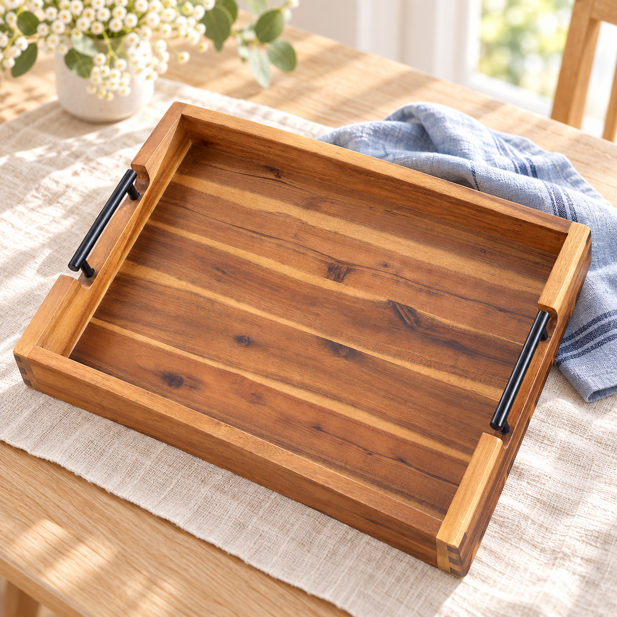 Natural acacia wood serving tray with metal handles in a bright kitchen setting