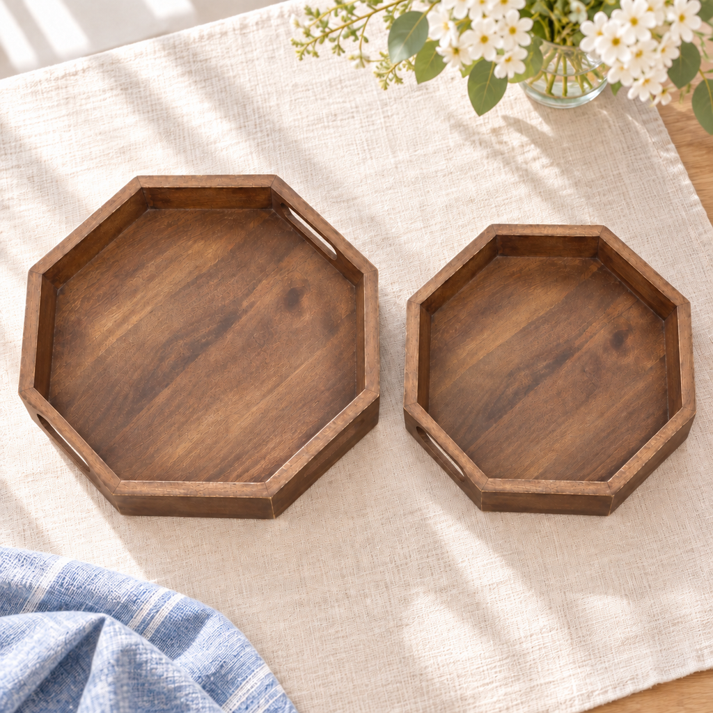 Walnut-finish mango wood octagonal tray set in a bright alternative view