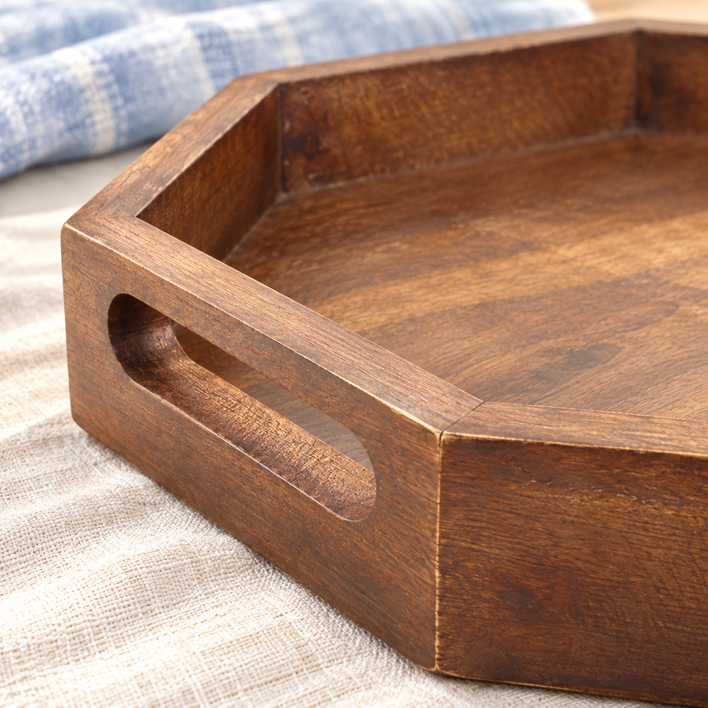 Walnut-finish mango wood octagonal tray set showing product details in soft daylight