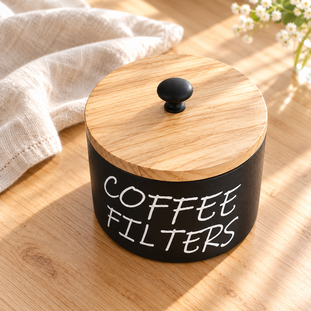 Black wood coffee filter holder with lid in a bright alternate view
