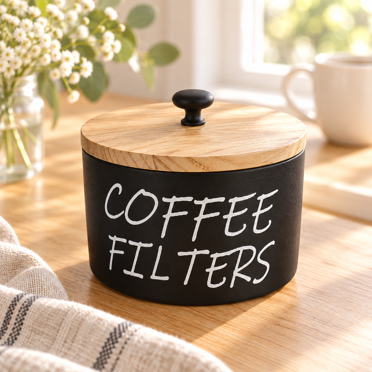 Black wood coffee filter holder with lid on a bright kitchen counter