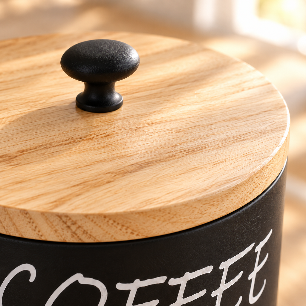 Close-up of the black wood coffee filter holder showing its lid and surface