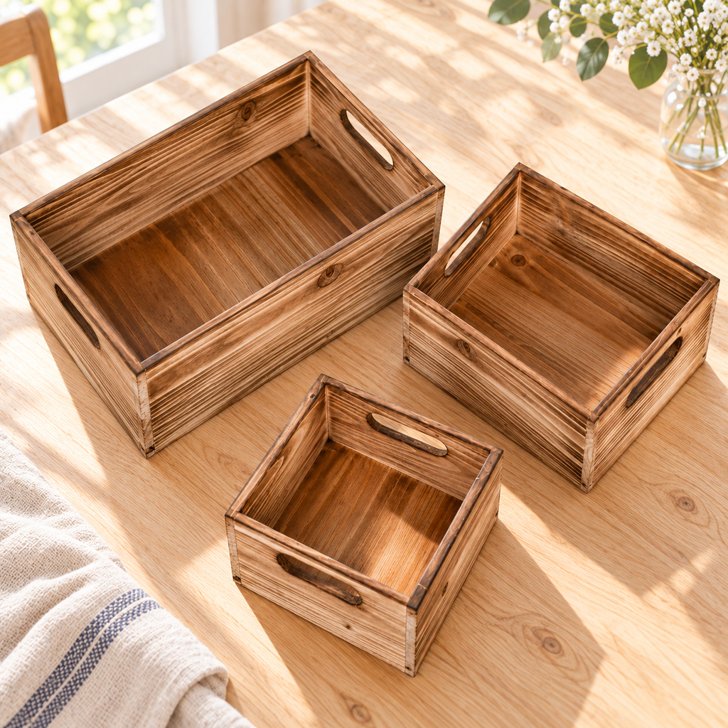 Three rustic wood storage crates in a bright alternative view