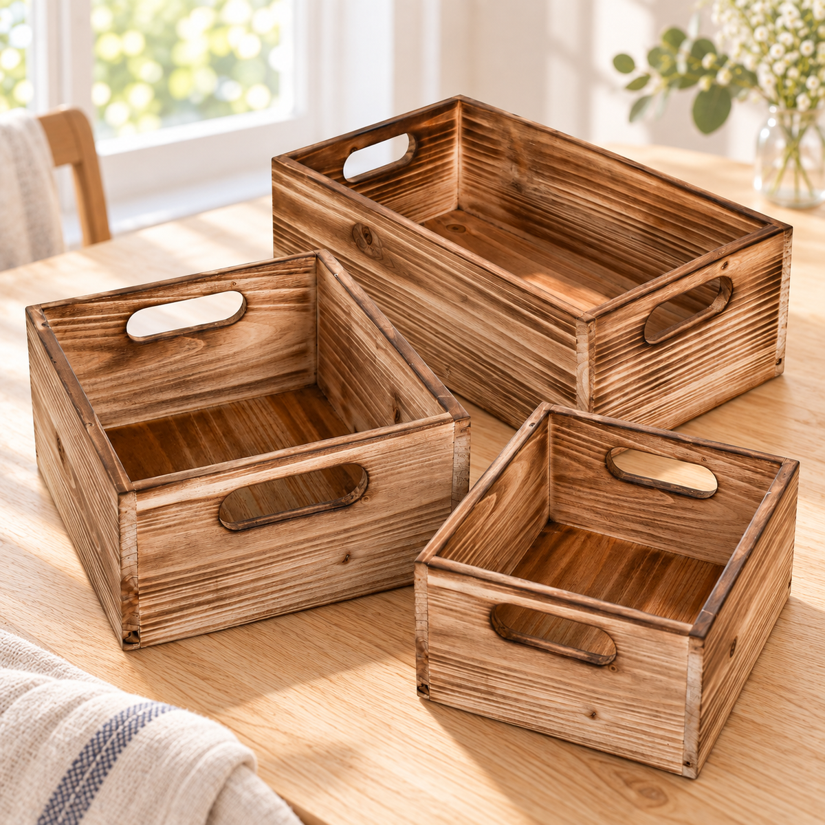 Three rustic brown wood storage crates with cutout handles in a bright room